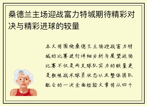 桑德兰主场迎战富力特城期待精彩对决与精彩进球的较量
